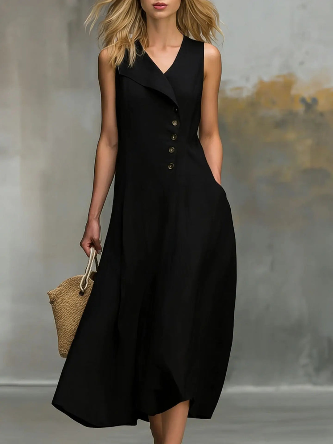 Stylish women's v-neck flowy midi dress, sleeveless with charming button accents. Essential for summer fashion.