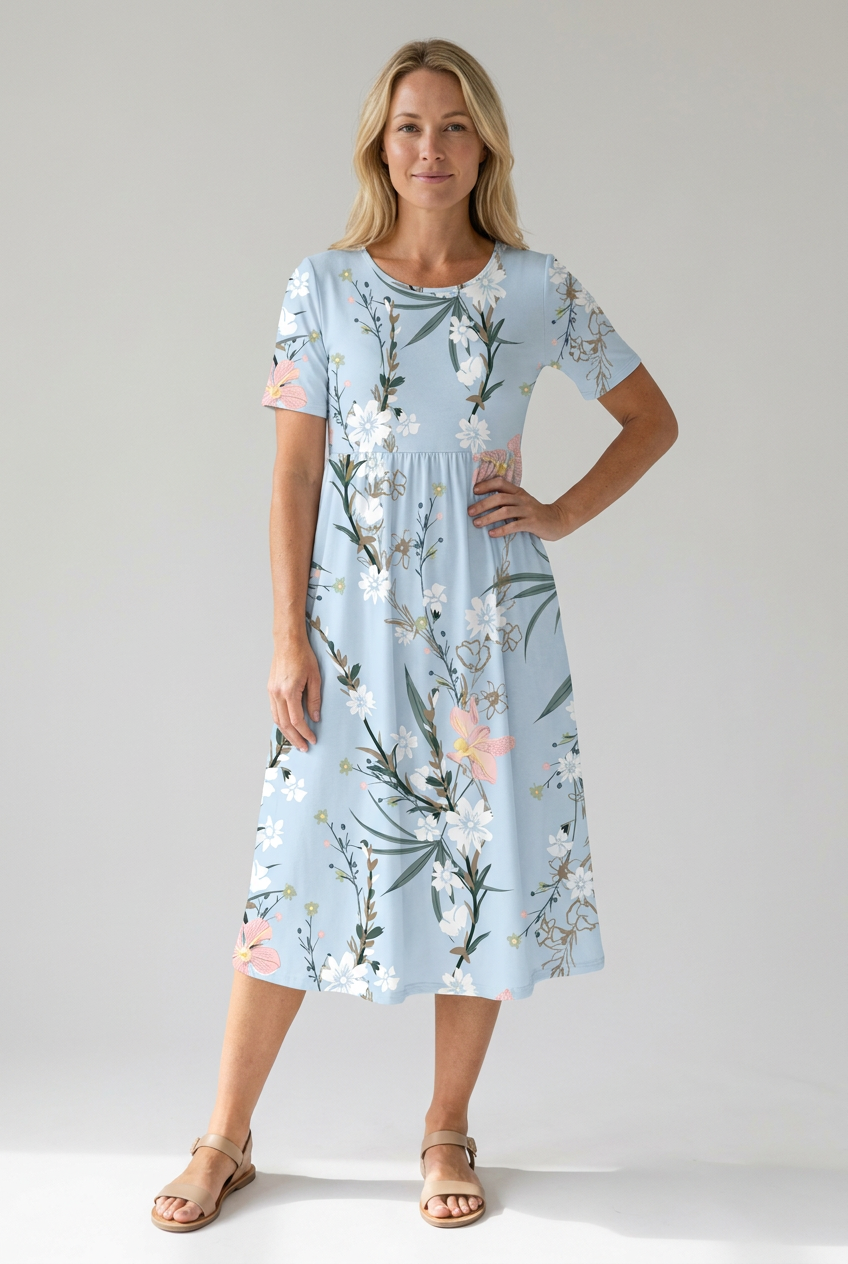 Elegant women's floral A-line midi dress, ideal for brunch, vacation, or casual summer wear.