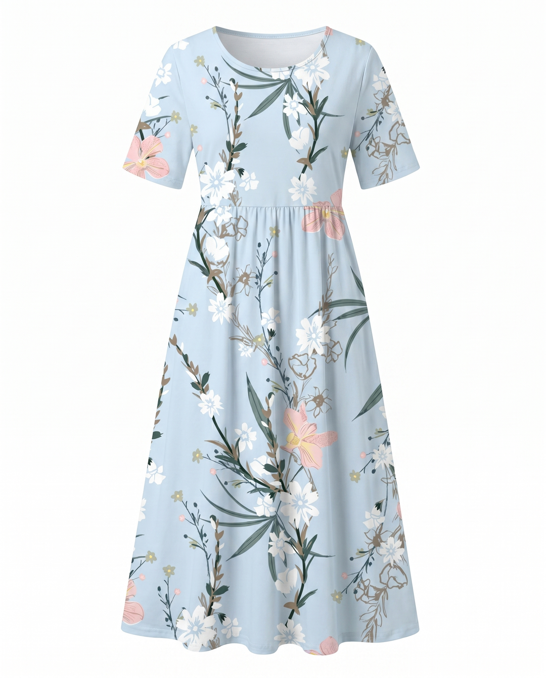 Vibrant floral print A-line midi dress. Women's round neck, short sleeve, flattering summer style.