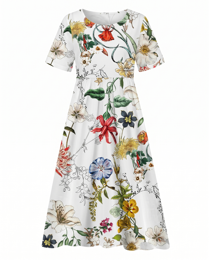 Women's A-line midi dress with fresh floral print, round neck, and short sleeves. Perfect for summer outings.