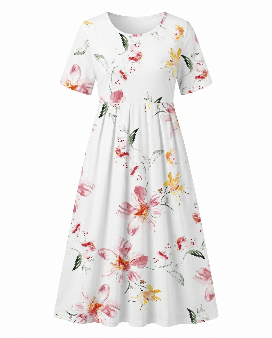 Casual women's floral A-line midi dress. Round neck, short sleeve. Elegant summer, brunch, vacation attire.