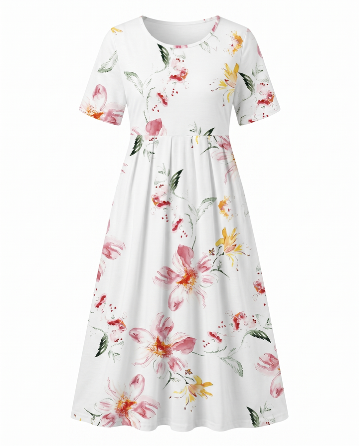 Casual women's floral A-line midi dress. Round neck, short sleeve. Elegant summer, brunch, vacation attire.
