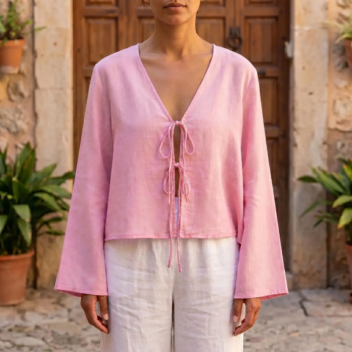 Women's front-tie blouse, breezy & comfortable for summer. Adjustable style, perfect for casual outings.