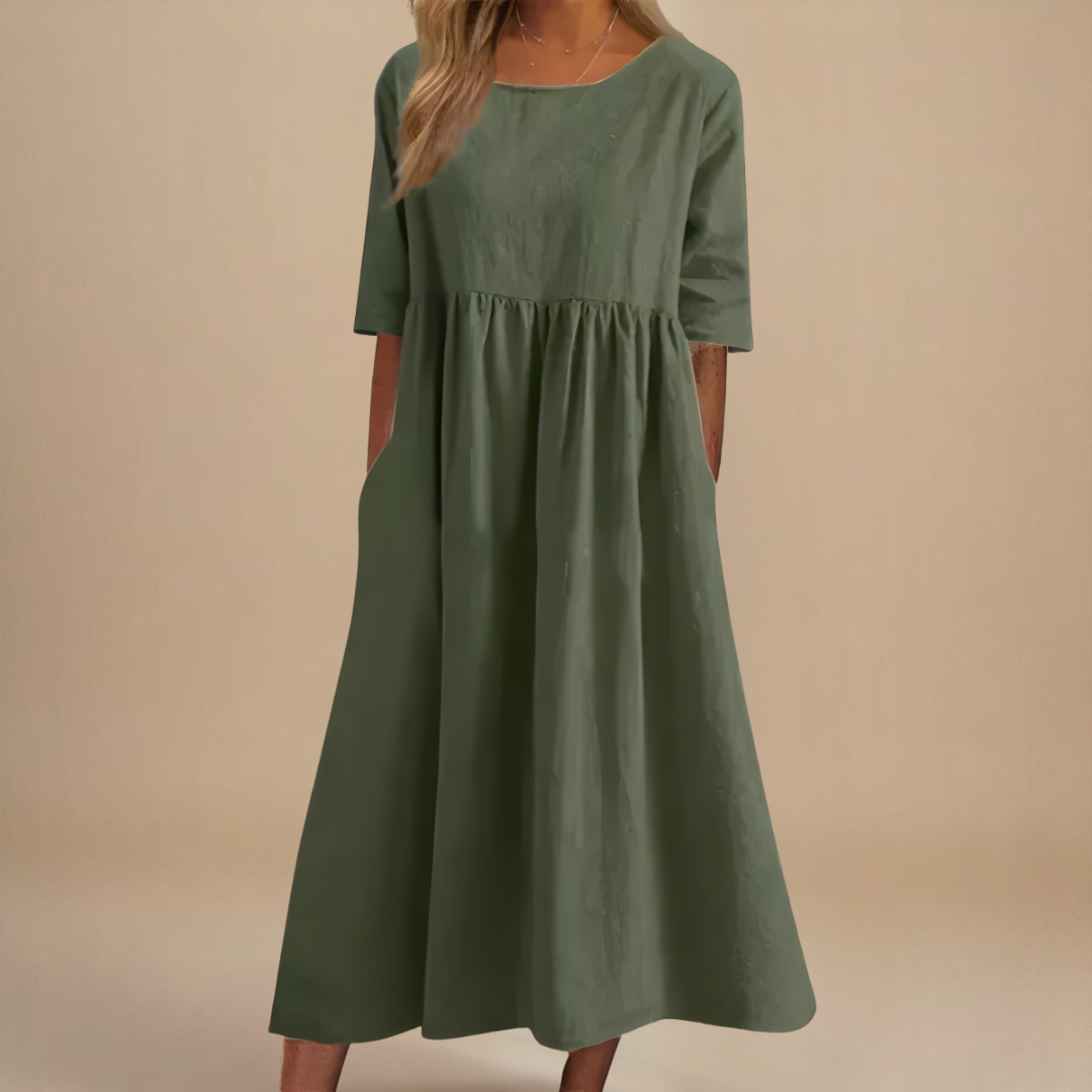 Women's gathered waist half-sleeve midi dress with scoop neck, perfect for summer casual wear.