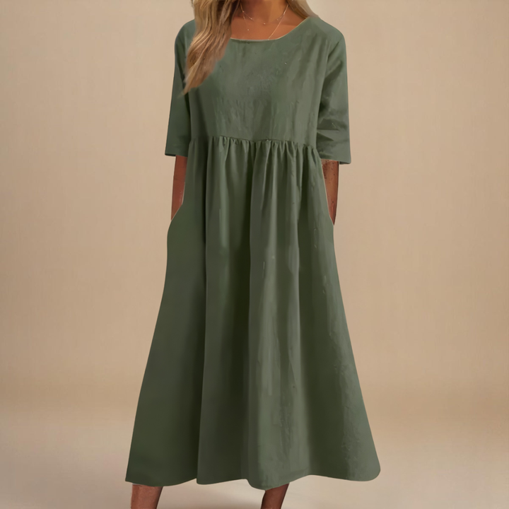 Women's gathered waist half-sleeve midi dress with scoop neck, perfect for summer casual wear.
