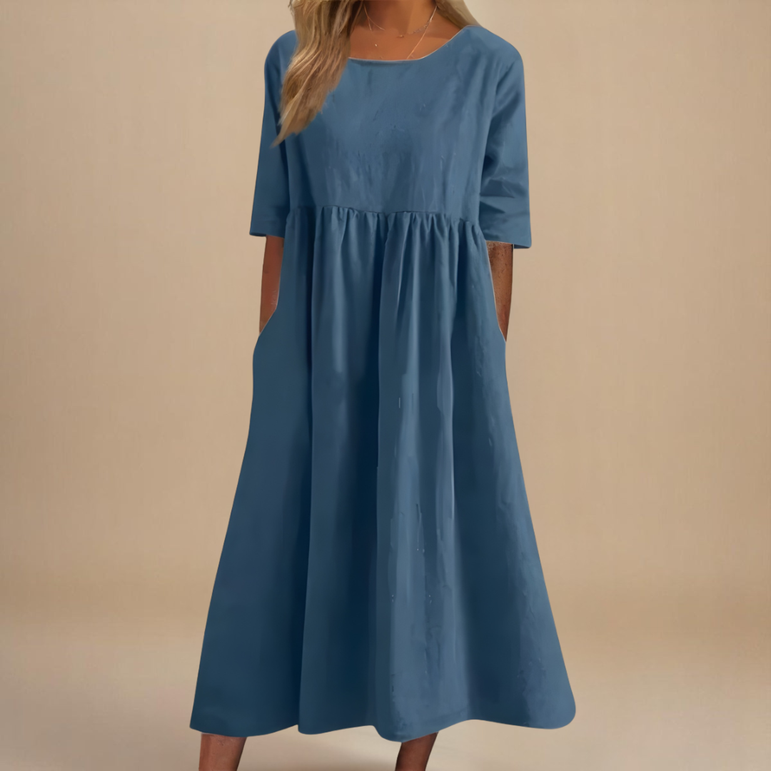 Scoop neck half-sleeve midi dress for women, featuring a flattering gathered waist and relaxed fit.