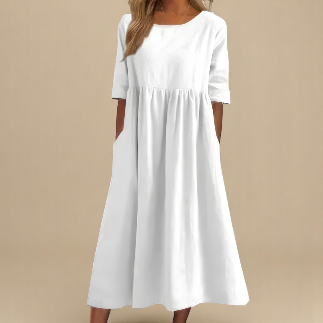 Elegant women's half-sleeve midi dress with gathered waist, scoop neck, and flowy silhouette for comfort.