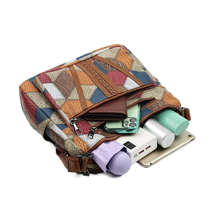 Durable geometric patchwork vegan leather handbag for women, a high-quality shoulder/crossbody bag.