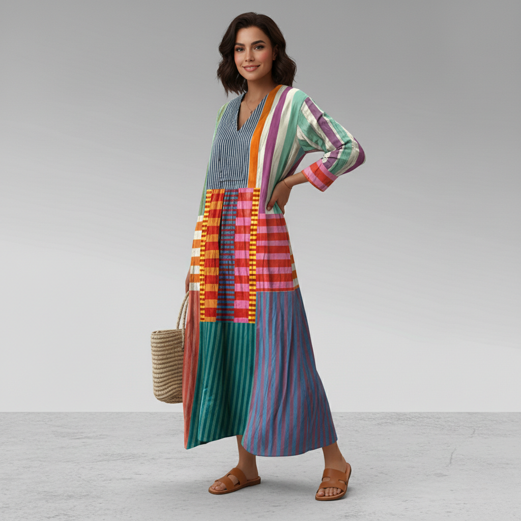 Elegant women's flowy maxi caftan dress with vibrant geometric print, ideal for vacation or casual wear.