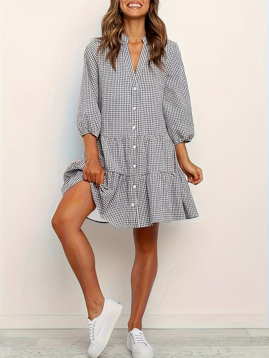 Summer Women's Gingham Check Tiered Mini Dress, Button Front, Ruffle Hem, Puff Sleeves. Casual & stylish.
