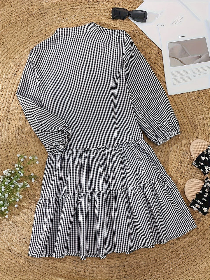 Women's Spring Gingham Check Mini Dress, Tiered design, Button Front, Ruffle Hem, Puff Sleeves. Vacation ready.