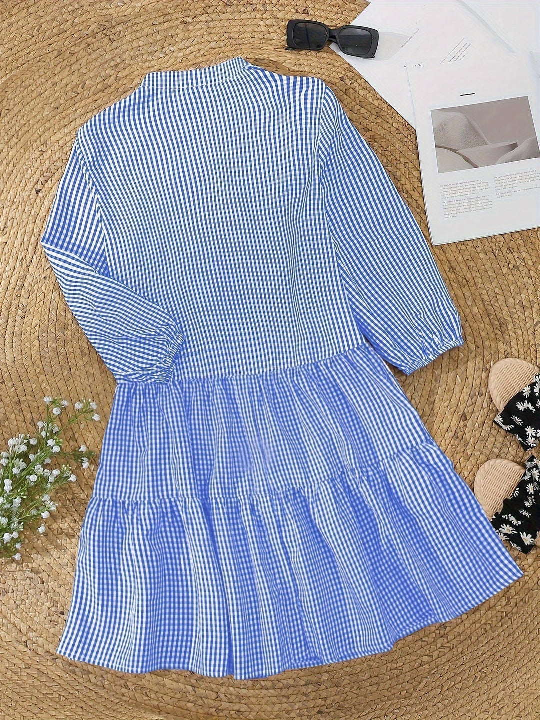 Patterned Women's Gingham Tiered Mini Dress, Button-Front, Ruffle Hem, Smock Style. Great for warm weather.