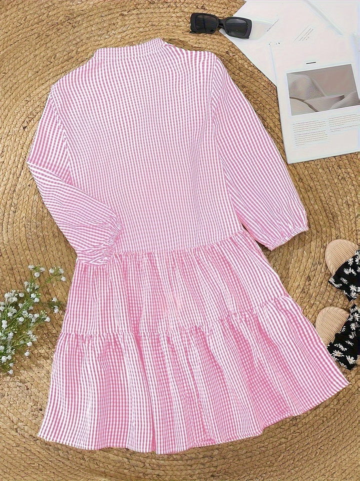 Stylish Women's Gingham Check Tiered Mini Dress, Button Front, Ruffle Hem. Versatile for casual & daytime.