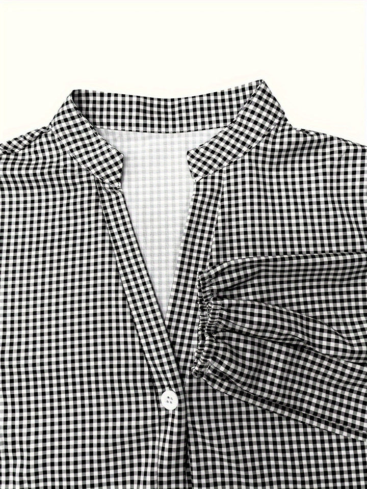 Women's Gingham Mini Dress, Tiered, Button Front, Ruffle Hem, Puff Sleeves. A comfortable and chic smock dress.