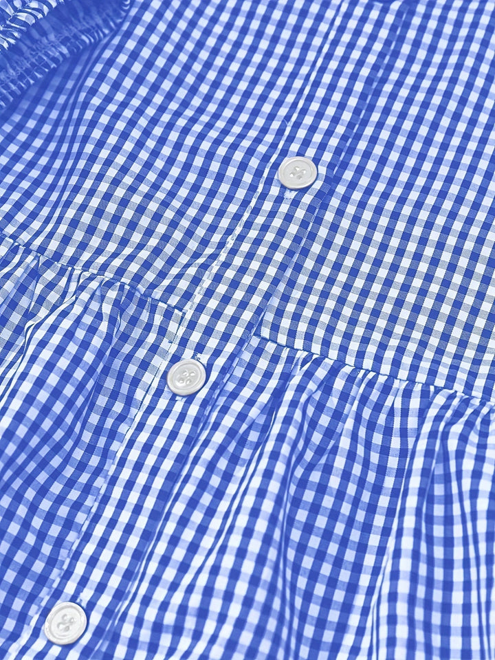 Chic Women's Tiered Gingham Dress, Mini Length, Button Front, Ruffle Hem. Perfect spring or summer patterned dress.