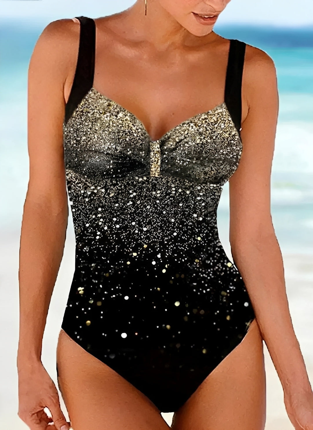 Glamorous women's one-piece push-up swimsuit with shimmering glitter, offering a sculpting fit for summer beachwear.