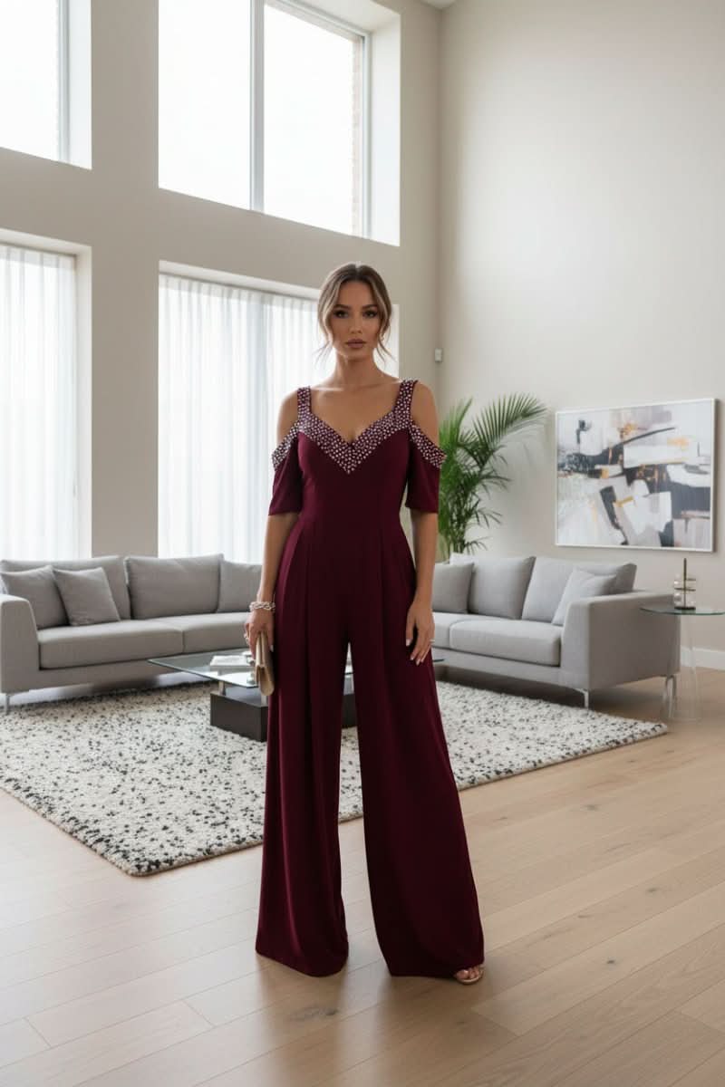 Sparkling women's elegant rhinestone jumpsuit, perfect for evening wear, formal events, and cocktail parties. One-piece.