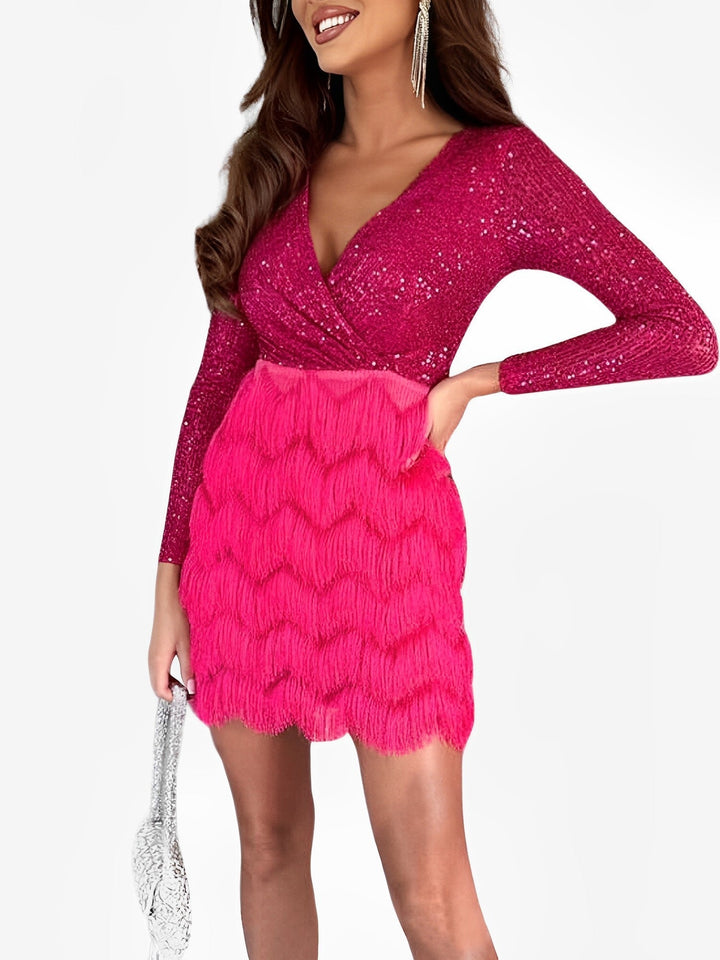 Women's mini dress: sequin, fringe, long sleeve, wrap, perfect for parties & dance.