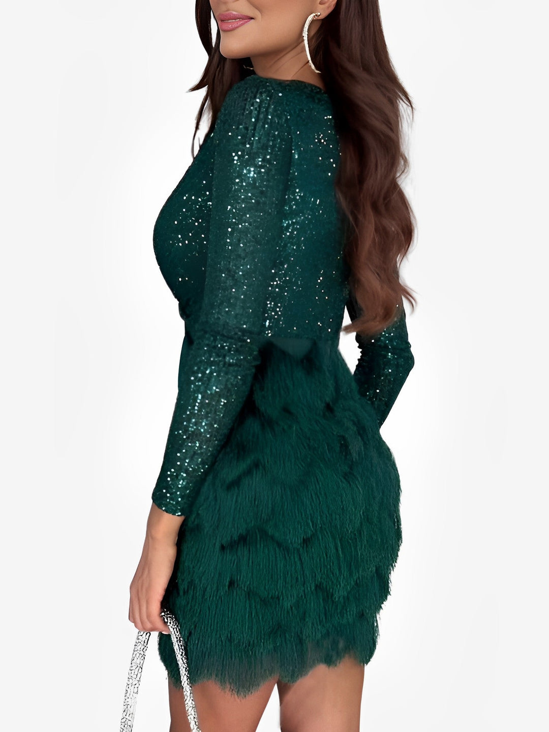 Stunning women's sequin fringe long sleeve mini wrap cocktail dress.