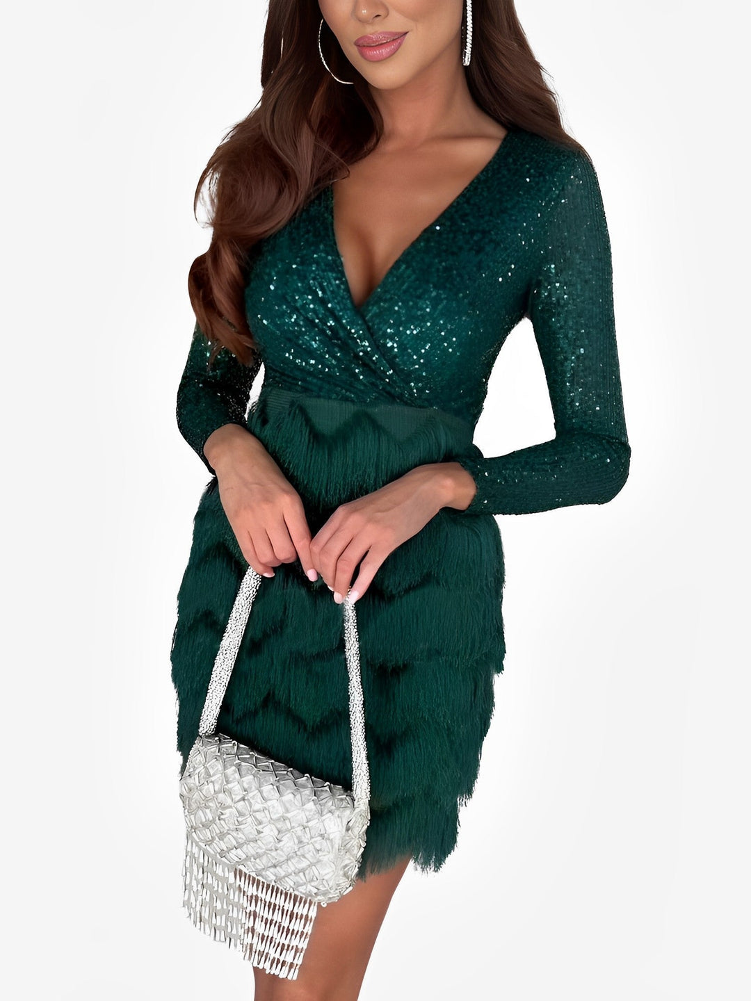 Elegant women's long sleeve sequin fringe wrap mini dress for special occasions.