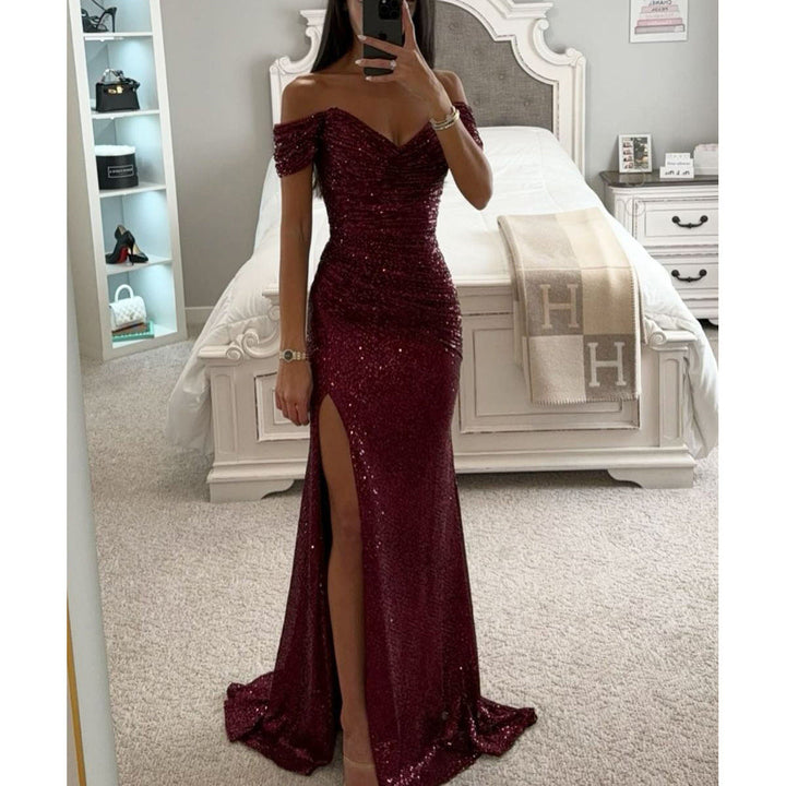 Women's glamorous sequin off-shoulder evening gown. High slit bodycon maxi dress, ideal for formal parties & galas.