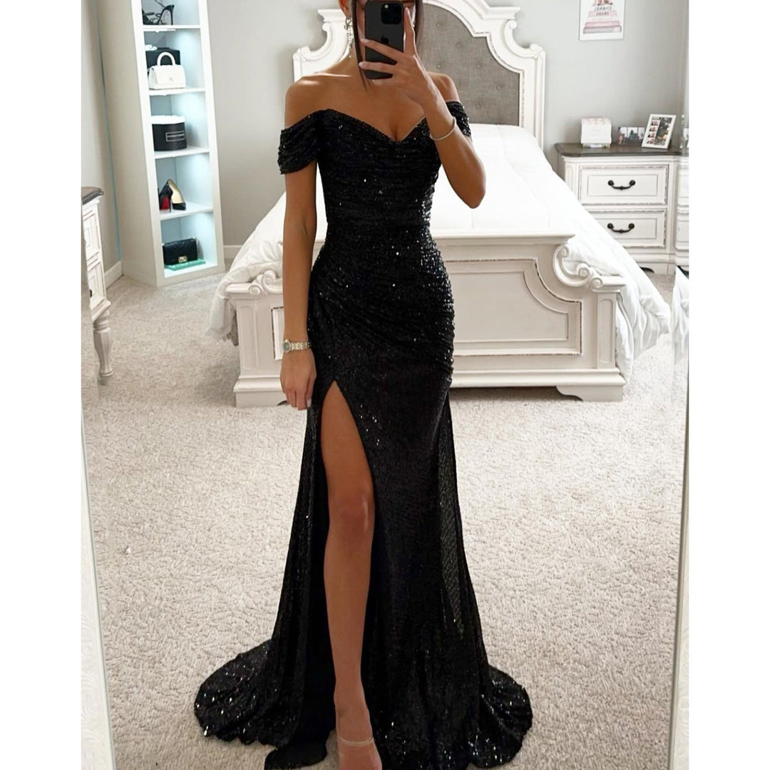 Elegant women's off-shoulder sequin evening gown. Glamorous high slit, bodycon fit, ideal for formal occasions.