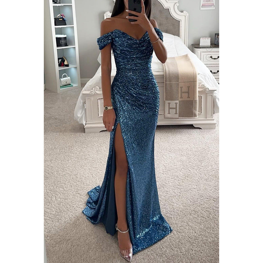 Off-shoulder neckline detail on women's sequin evening gown. Glamorous, elegant formal wear for galas & parties.