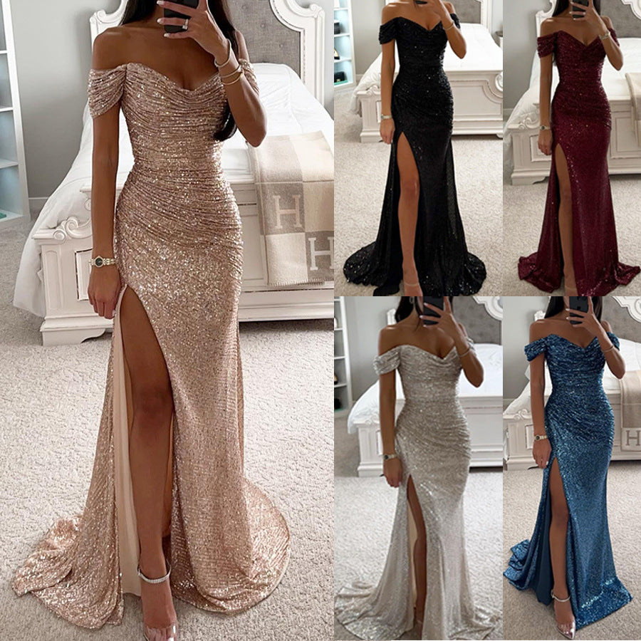 Women's stunning sequin bodycon maxi dress. Off-shoulder, high slit, perfect for glamorous formal or prom nights.