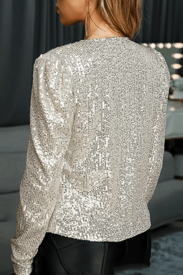 Elegant women's sequin open front blazer. Add sparkle to any outfit, perfect for evening wear & glamorous parties.