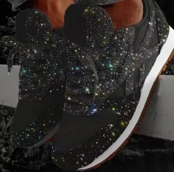 Women's colorful glitter lace-up sneakers (blue, red, silver). Fashionable, comfortable casual shoes.