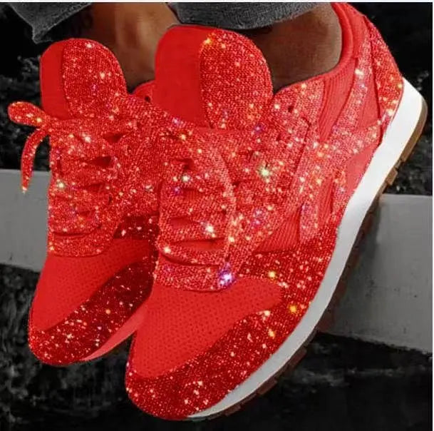 Everyday fashion women's sneakers with glitter and lace-up design. Sparkling casual comfort shoes.