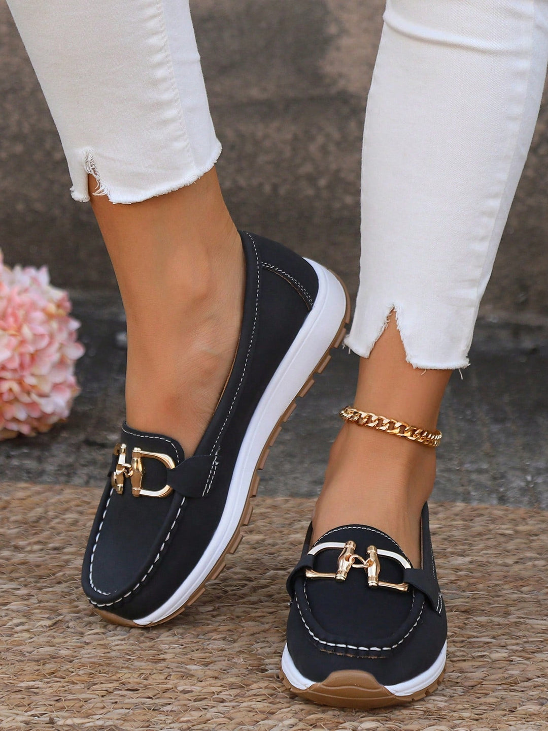 Everyday women's comfort loafers with elegant gold buckle detail. Slip-on footwear for casual and work.