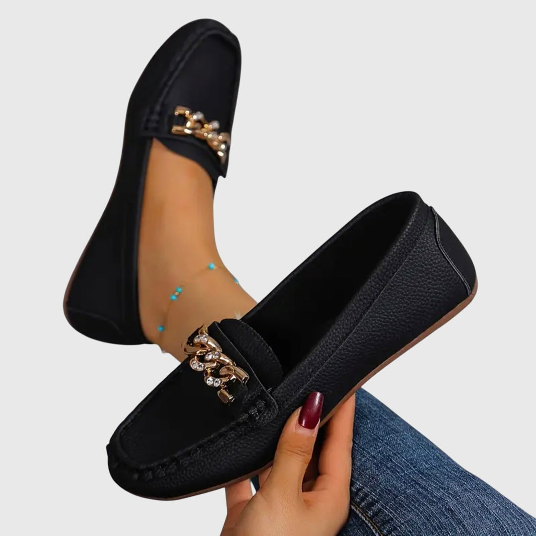 Womens casual-chic gold-chain wedge loafers, comfortable and stylish.