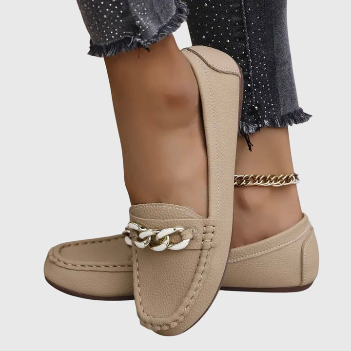 Comfortable women's gold-chain wedge loafers for versatile wear.