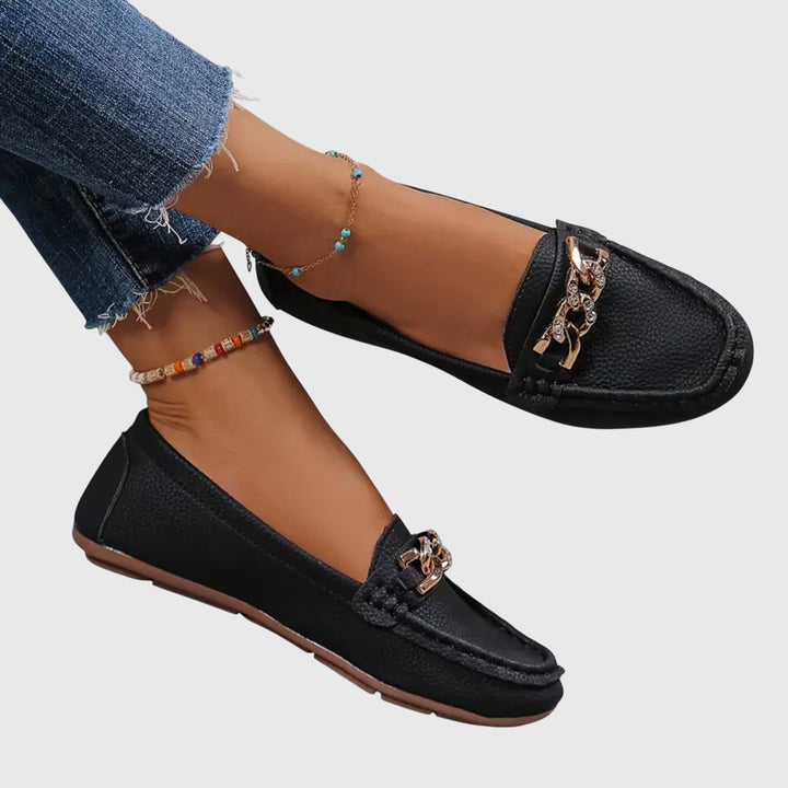 Elegant gold-chain & crystal wedge loafers, perfect dress shoes.