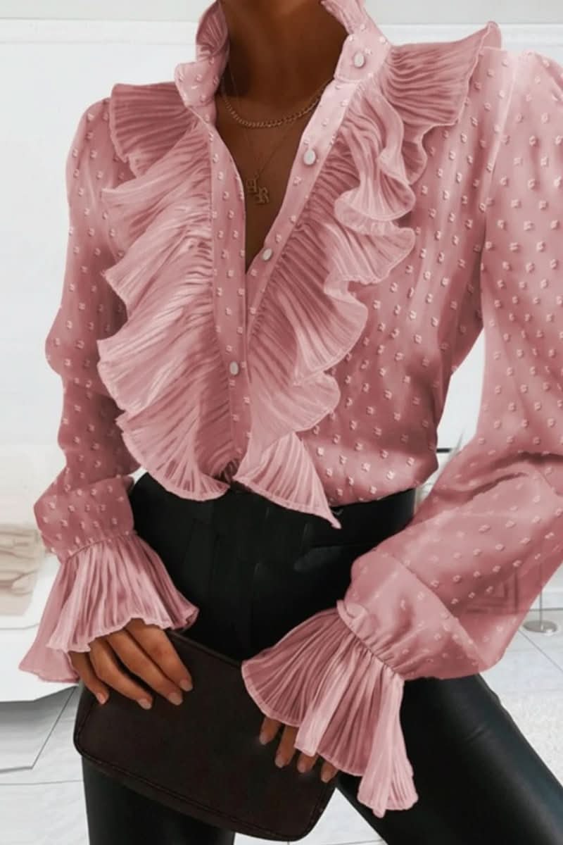 Versatile women's ruffle long sleeve blouse in multiple colors, an elegant and feminine top for diverse styling.