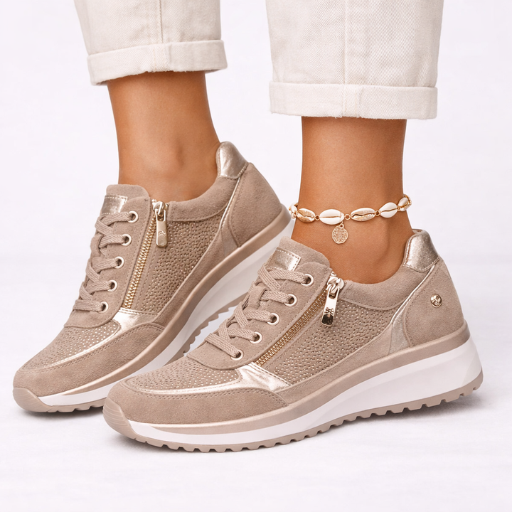 Beige women's supportive wedge sneakers for all-day comfort. Orthopedic casual footwear, ideal for active women.