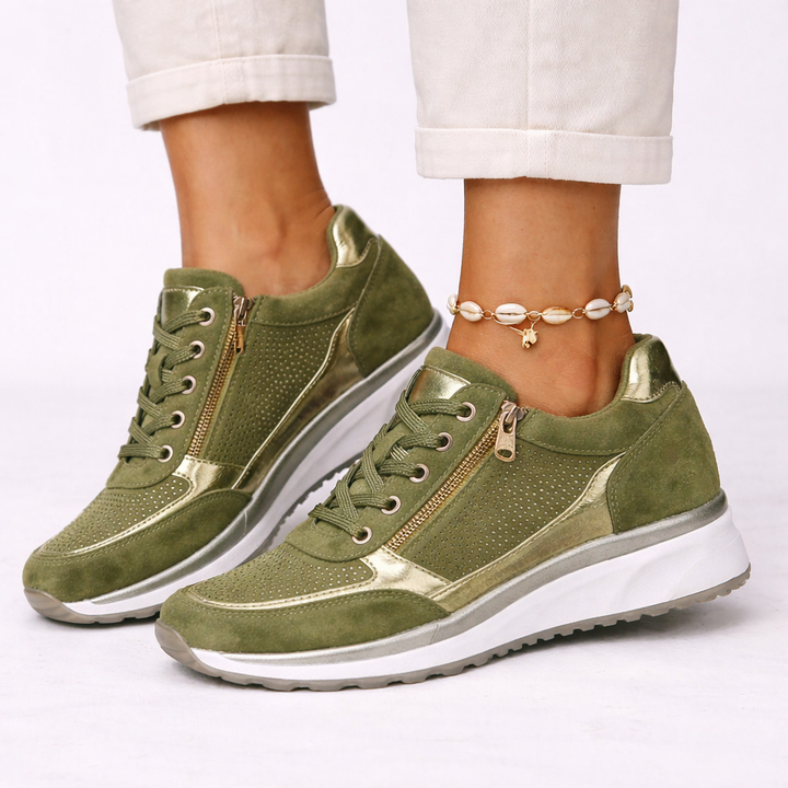 Green women's fashion wedge sneakers, lightweight & comfortable. Supportive orthopedic shoes for all-day wear.