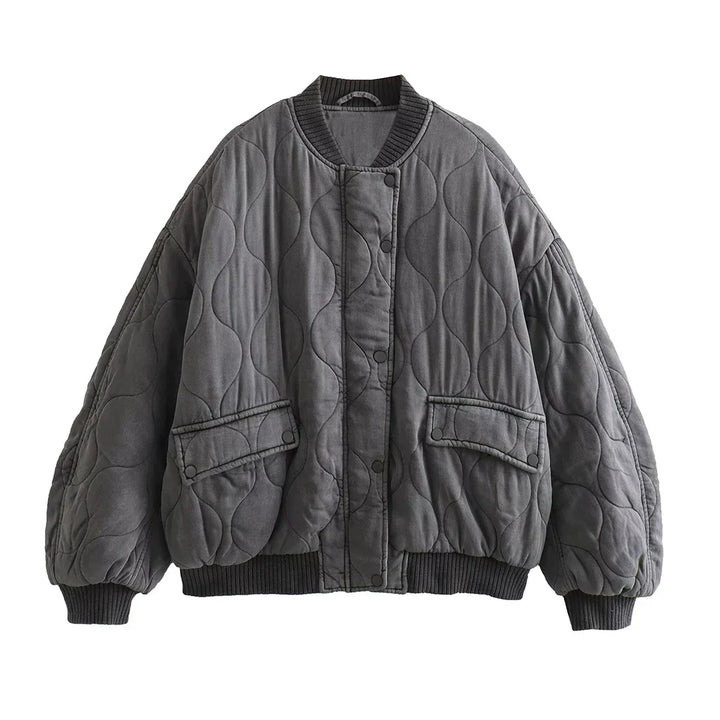 Women's gray quilted bomber jacket, a stylish & comfortable everyday outerwear piece for fall fashion.