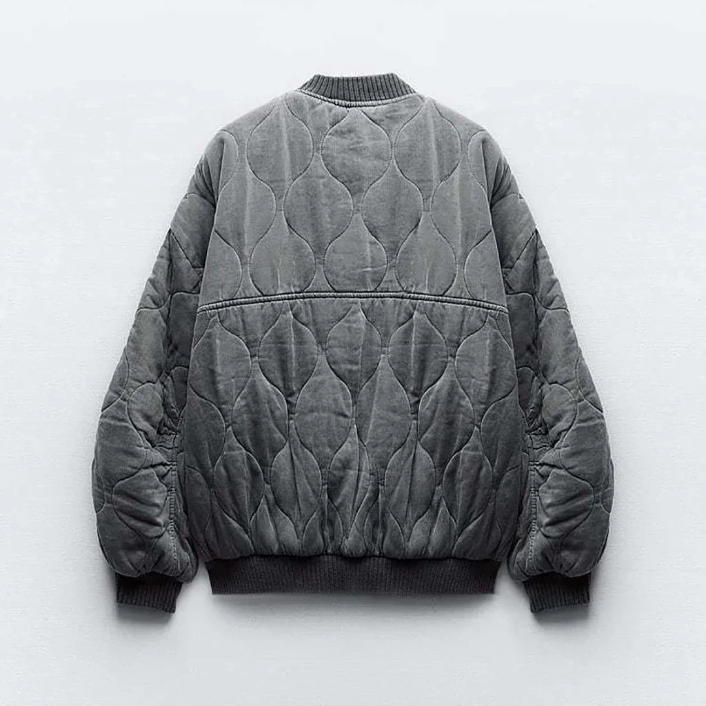 Versatile women's quilted bomber jacket in gray, perfect for fall & winter casual outerwear style.