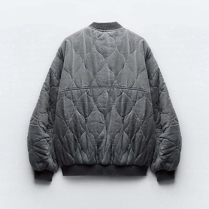 Versatile women's quilted bomber jacket in gray, perfect for fall & winter casual outerwear style.