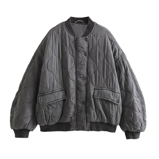 Trendy women's gray quilted bomber jacket, versatile casual outerwear for fall fashion & everyday wear.
