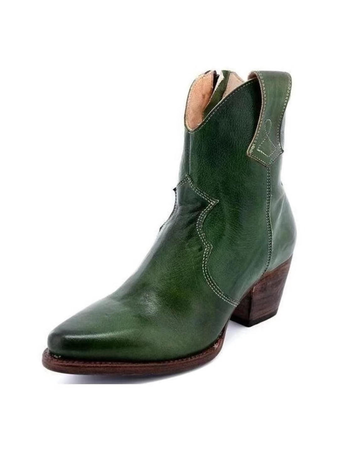 Women's green snip toe ankle cowgirl boots with convenient side zip. Stylish western fashion everyday boots with block heel.