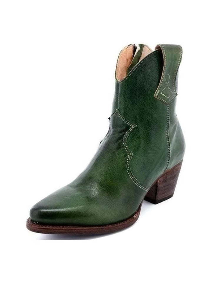 Women's green snip toe ankle cowgirl boots with convenient side zip. Stylish western fashion everyday boots with block heel.