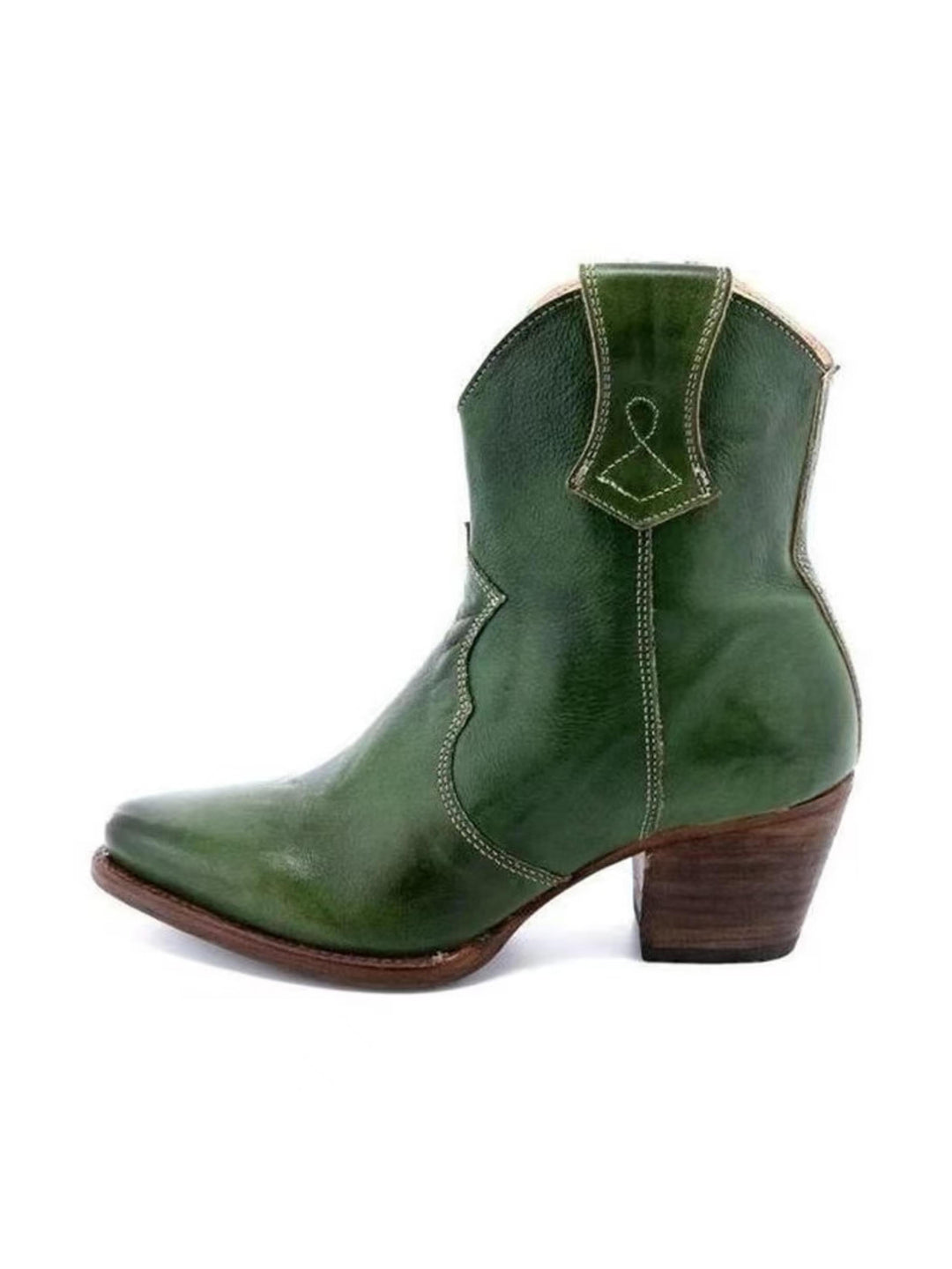 Stylish women's green snip toe western ankle boots, perfect for everyday fashion. Features a practical side zip and block heel.