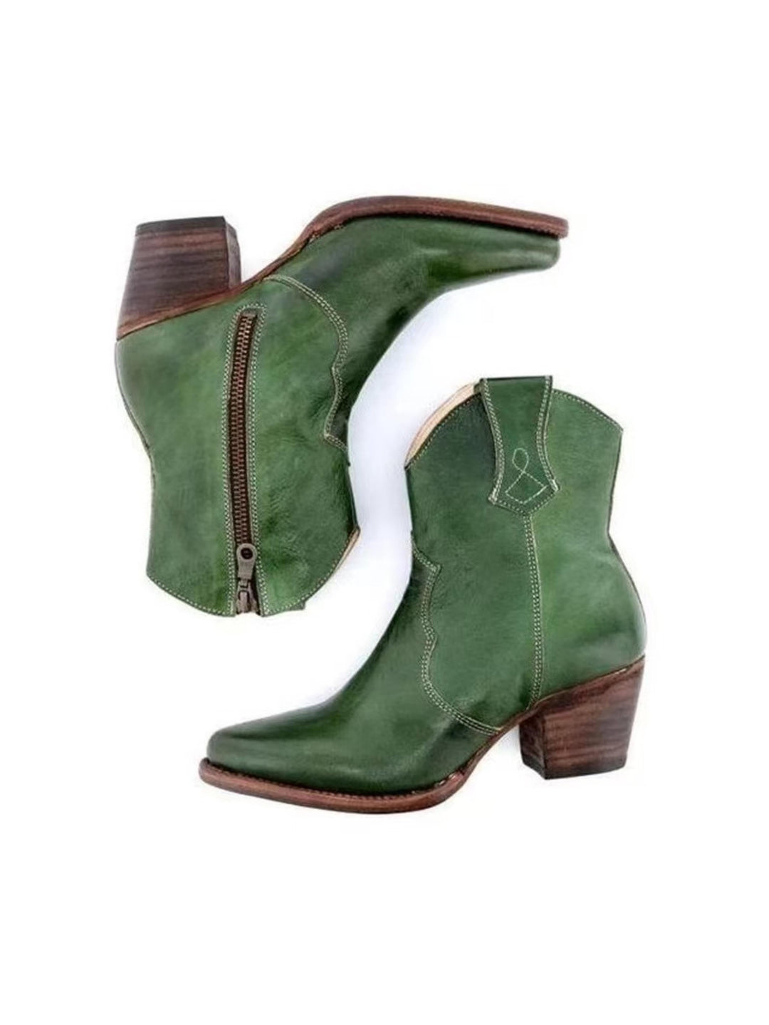 Vibrant green women's cowgirl ankle boots, featuring a chic snip toe and comfortable block heel. Easy on/off side zip design.