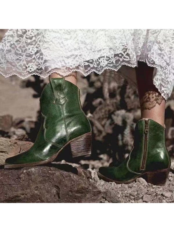 Elegant women's green snip toe ankle western boots with side zip. Fashionable and comfortable block heel cowgirl boots for daily wear.