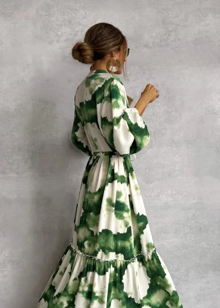 Women's green tie-dye belted long sleeve tiered maxi dress with V-neck, perfect for spring and summer casual events.
