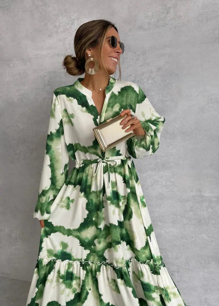 Stylish green tie-dye long sleeve belted tiered maxi dress for women, great for casual wear or special events.