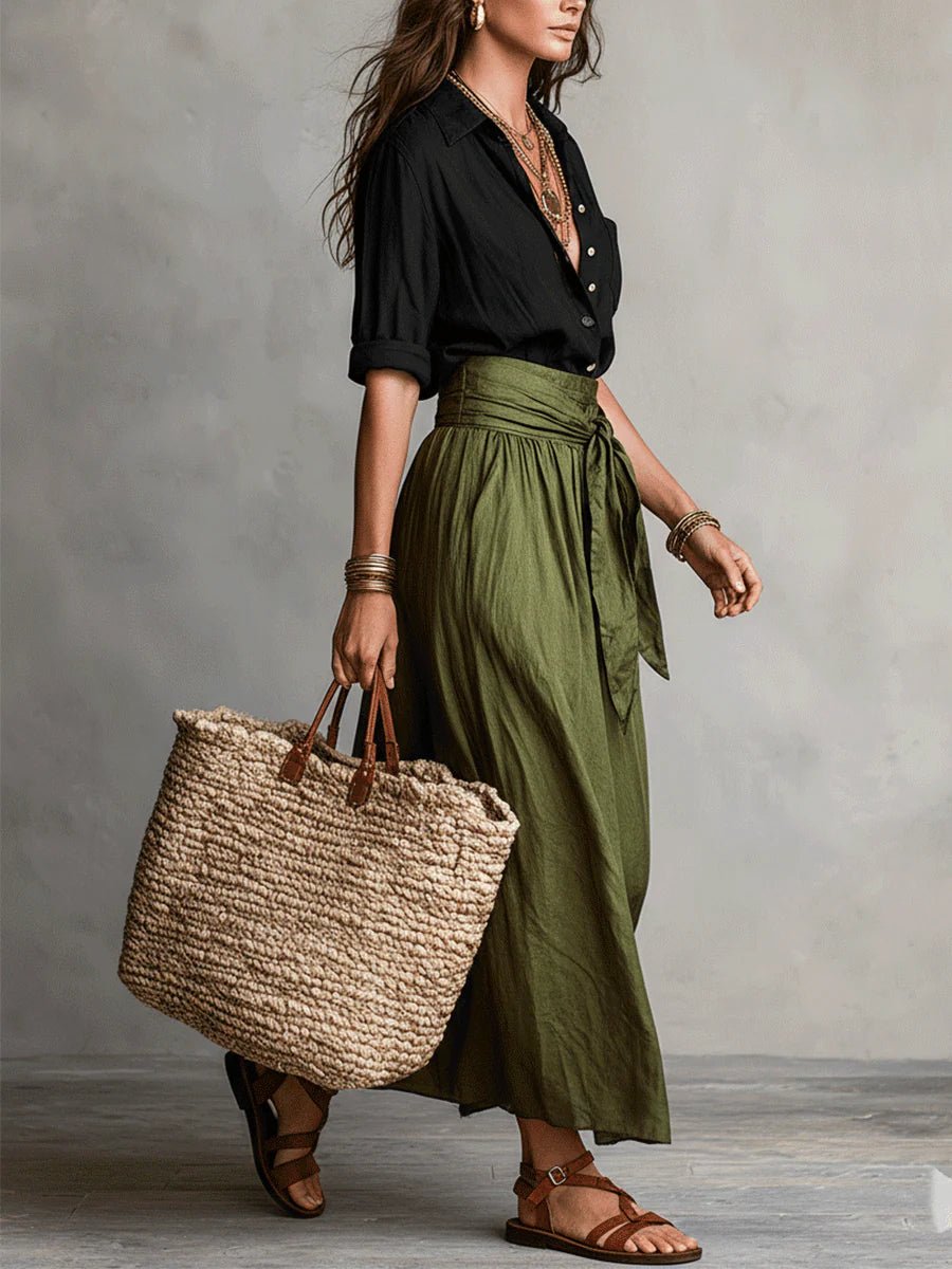 Relaxed fit women's green maxi skirt set featuring a button-front top and tie-waist skirt, ideal for brunch.